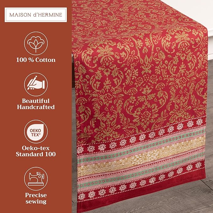 Maison d' Hermine Table Runner 100% Cotton Double Layer Table Runners 108 inches Long for Thanksgiving Christmas Decorations Home Kitchen Dining Party Wedding (Sofia, 14.5" x 108")