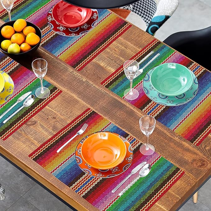 Mexican Colorful Stripes Placemats Set of 4, Placemats Dining Table Mat Set,12x18 Washable Stain Resistant Wipeable Cloth Placemat for Kitchen Buffet Parties