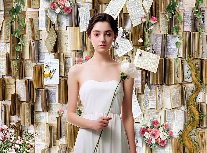 10x10ft Books Background Books Pages Pink and White Flowers Vintage Party Backdrop Princess Birthday Party Cake Table Decorations Photoshoot Backdrops KUBDJ736
