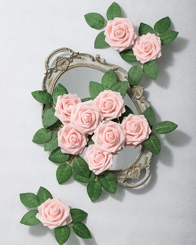 DuHouse 25Pcs Artificial Roses Flowers Fake Roses with Stems Real Touch Foam Flowers for DIY Wedding Bouquet Baby Shower Centerpiece Floral Arrangement Party Home Decor(Blush)