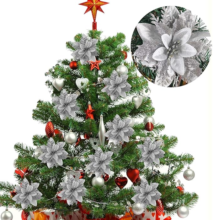 RECUTMS 10 Pcs Christmas Glitter Artificial Poinsettia Flowers 6inch Christmas Wreath Christmas Tree Flowers Ornaments Holiday Seasonal Decorations (Silver, 6inch)
