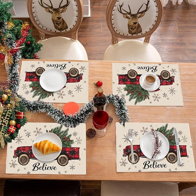 Christmas Truck Carry Tree Placemats Set of 4,Christmas Believe 12x18 Inch Non-Slip Washable Heat Resistant Linen Fabric Table Mats,Place Mats for Holiday Party
