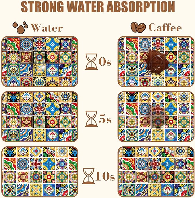 Talavera Mexican Tiles Dish Drying Mat for Kitchen Counter Bar Mat Hide Stain Absorbent Rubber Backed Coffee Mat Maker Espresso Machine Bar Accessories 15.7 x 23.6 Inch