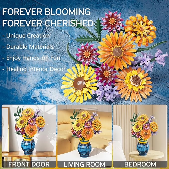 Sunflower Building Blocks with Vase Set for Adults, Christmas Artificial Flower Bouquet Botanical Collection Bricks Anniversary Birthday Gifts for Her Women Men Mom Wife Grandma Home Decor -1065 PCS