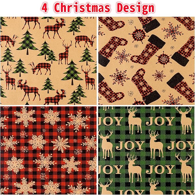 Christmas Wrapping Paper, Holiday Kraft Gift Paper (4 Rolls: 93 sq. ft. ttl) - Red/Green and Black Plaid Grid Patterns, Stockings Snowflakes Pine Tree and Reindeer - 17 inches x 16.5 feet Per Roll