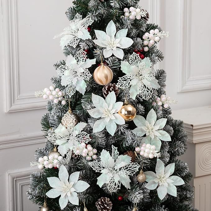 24Pcs White Glitter Poinsettia Christmas Tree Ornaments and Glitter Berries Stems, 16Pcs Christmas Artificial Flowers and 8 Pack Christmas Tree Picks for Wedding Holiday Decorations