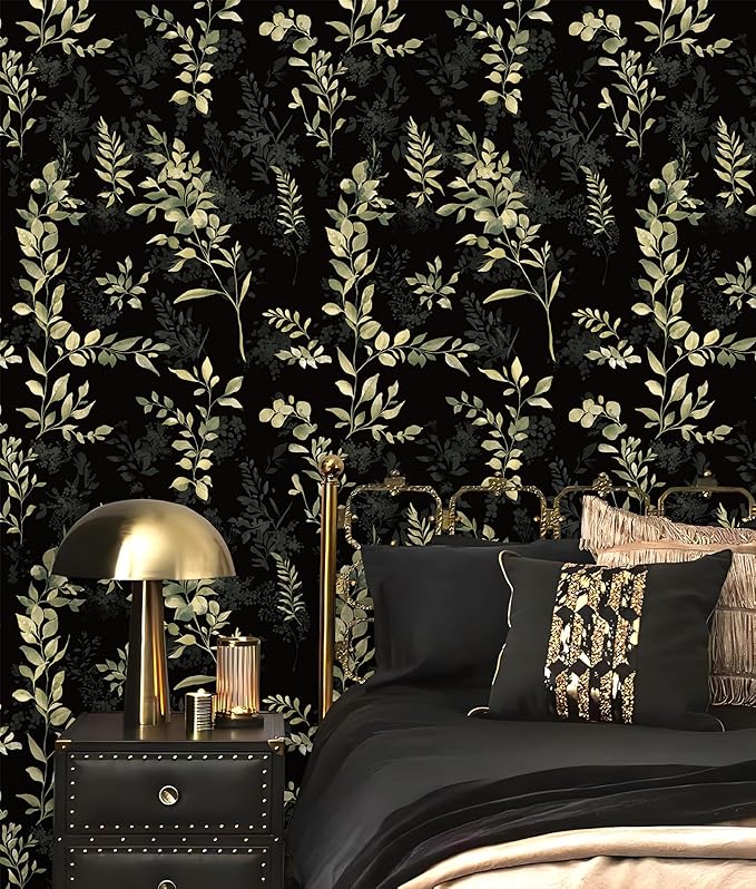 Peel and Stick Wallpaper Boho Leaf Removable Wallpaper Black Textured Renter Friendly for Bathroom Botanical Floral Self Adhesive Contact Paper for Cabinet Countertop 17.5 x 118 in
