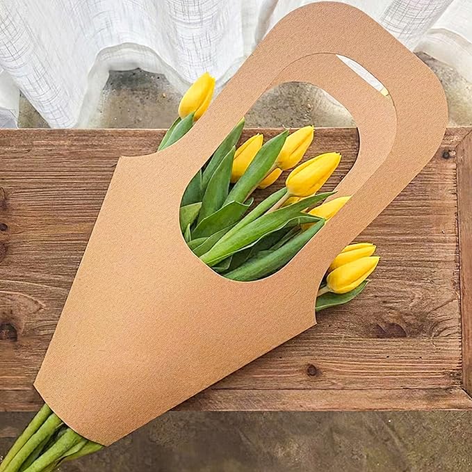 Lesnala 16Pcs Kraft Paper Flower Gift Bags with Handle Cone Shaped Bouquet Basket for Wedding Birthday Valentines Day Bar Shop Wrapping Supplies