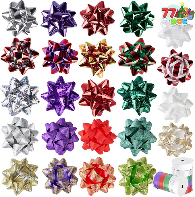 JOYIN 75PCS Christmas Bows Assortment with 2 Rolls of Curling Ribbons,5 Colors Self Adhesive Gift Bows for Gift Wrapping, Birthday Wedding Easter Xmas Presents Boxes Decoration