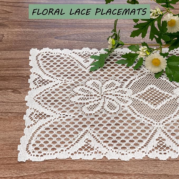 Jayla 2 Pcs Rectangle Lace Placemats for Tables Embroidered Lace Tablemats Vintage Crochet Floral Table Runner Vintage Wedding, Tea Party Decor,12x17 Inch
