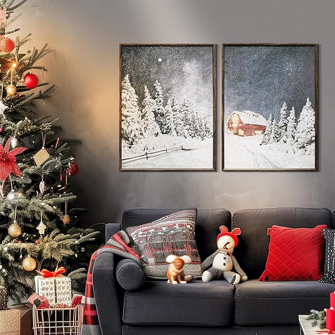 ArtbyHannah Framed Christmas Canvas Wall Art Decor Set of 2, Large Xmas Pictures Prints Paintings for Living Room Bedroom, Winter Holiday Home Indoor Decorations with Red House and Tree (16x24 Inch)