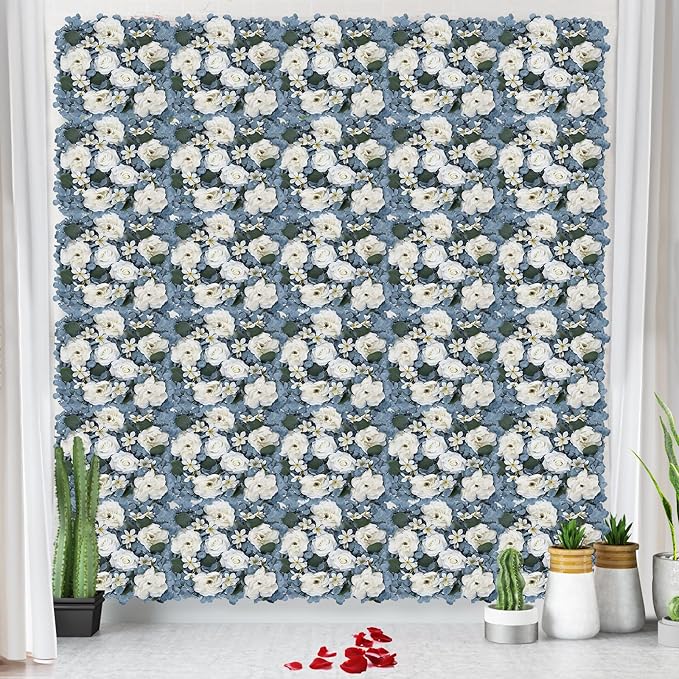 Pack of 6 Artificial Silk Flower Panels, Faux Floral Wall Background for Wedding Party Engagement Bridal Shower Arrangement Home Decorations - Dusty Blue & White