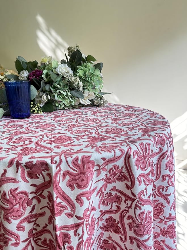 ATOSII Red Bloom 100% Cotton Round Boho Fall Tablecloth, Handblock Floral Table Cloth Linen for Kitchen Dining I Parties Wedding Outdoors Thanksgiving Easter Picnic I Fall Home Decor 90" Inches Round