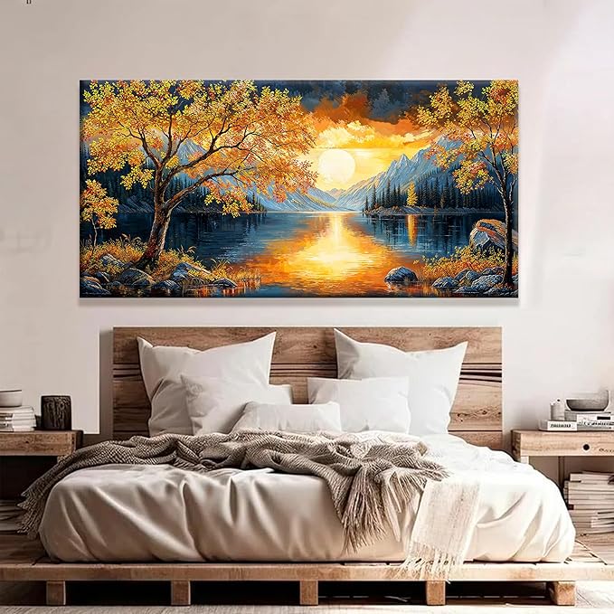 Large Wall Art For Living Room Canvas Art Wall Decor Modern Artwork Gold Tree River Sunrise Landscape Paintings Print Pictures For Bedroom Apartment Office Mural Aesthetic Artwork 29 X 58 In