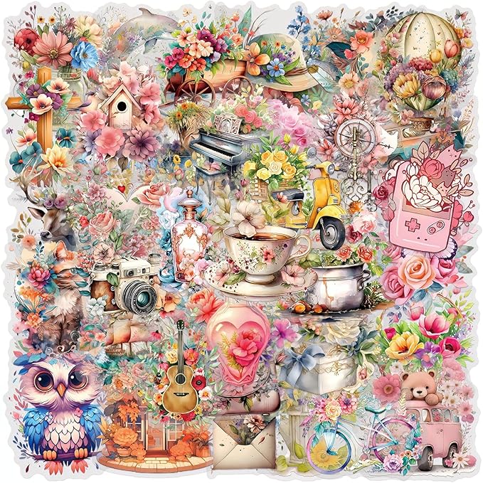 57 Pcs Vintage Watercolor Floral Stickers,Aesthetic PET Transparent Flowers Sticker Waterproof Decorative Decals for Journaling, Decoupage, Planners, laptops, Phone Case, Gift & Card Making