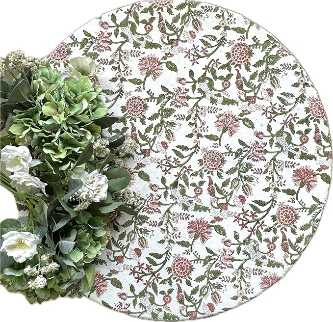 ATOSII Mahoka Rust 100% Cotton Round Block Print Summer Tablecloth, Floral Table Cloth Linen for Dining Parties Weddings Outdoors Holidays I 72" Inches Round, 4 Seater