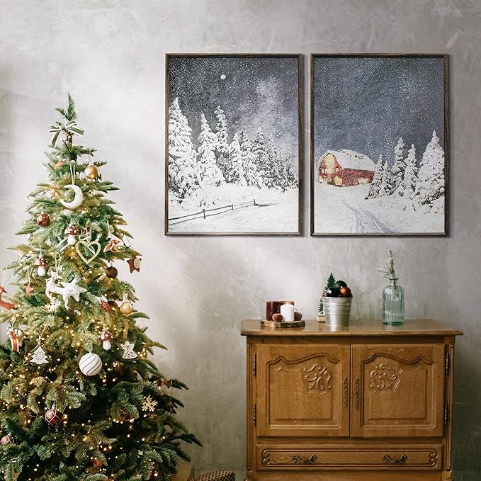 ArtbyHannah Framed Christmas Canvas Wall Art Decor Set of 2, Large Xmas Pictures Prints Paintings for Living Room Bedroom, Winter Holiday Home Indoor Decorations with Red House and Tree (16x24 Inch)