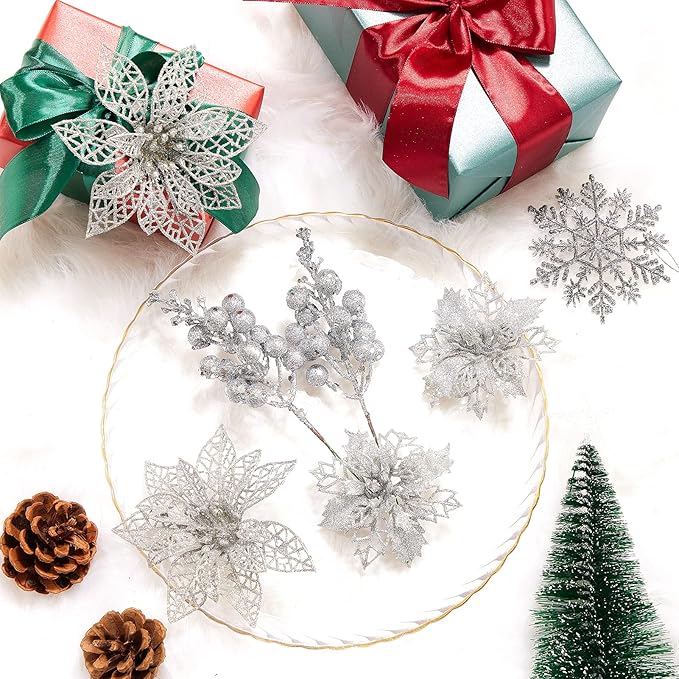 Zhuqing 22Pcs Christmas Poinsettia Artificial Flowers and Glitter Berries Stems Kit, 16Pcs Christmas Tree Flowers Ornaments and 6 Pack Christmas Tree Picks for Wedding Holiday Decorations (Silver)