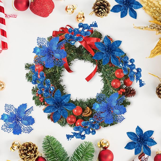24Pcs Royal Blue Glitter Poinsettia Christmas Tree Ornaments and Glitter Berries Stems, 16Pcs Christmas Artificial Flowers and 8 Pack Christmas Tree Picks for Wedding Holiday Decorations