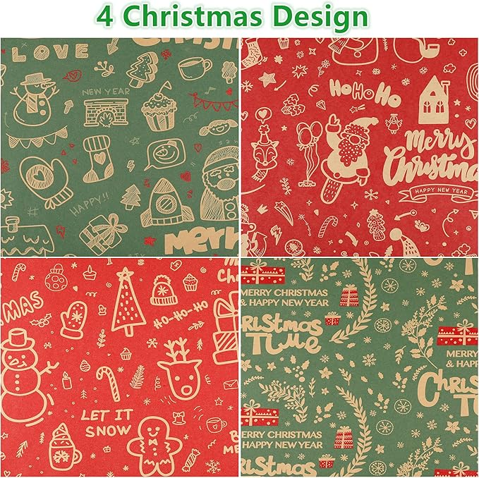 Anvure Christmas Wrapping Paper (4 Rolls: 93 sq. ft. ttl.) Kraft Set Featuring Santa Claus, Snowman & Xmas Presents, Red & Green Holiday Designs for All Gift Wrap Needs 17 Inch X 16.4 Feet Per Roll