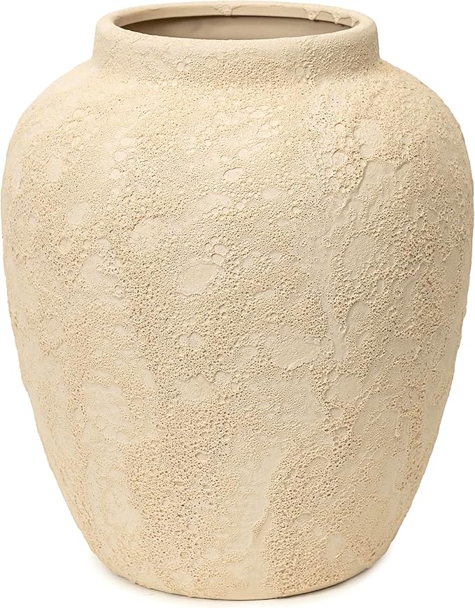 Handcrafted Moon Jar Ceramic Vase - Textured Beige Spherical Pottery - Minimalist Wabi-Sabi Home Decor - Natural Finish Round Vase [11.8" W x 12.6" H]