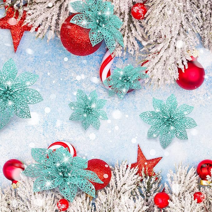 Boao Teal 24 Pieces Poinsettia Flower Christmas Glitter Artificial Poinsettia with Clips Christmas Tree Ornament Decorations for DIY Xmas Wreath Holiday Home Party Decor, 3/4/6 Inches