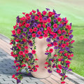 Artificial Hanging Flowers for Outdoor, 2pcs Fake Plants Long Vine Morning Glory Eucalyptus, Spring Summer UV Resistant Realistic Faux Greenery Indoor Outside Patio Porch Garden Decor, Rose Purple