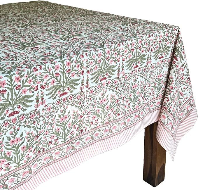 ATOSII Nargis Pink 100% Cotton Tablecloth, Handblock Print Rectangle Table Cover for Kitchen Dining Linen I Parties, Thanksgiving, Weddings, Easter Spring Summer I 72 X 140 Inches I 12 Seater