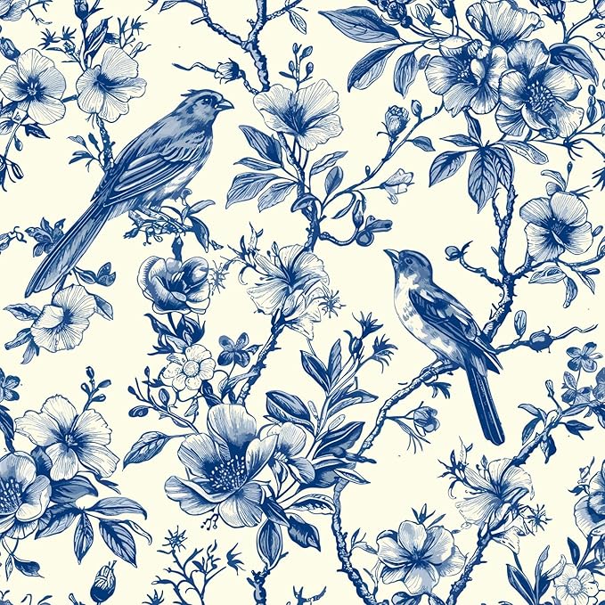 Floral Peel and Stick Vintage Animal Wallpaper Blue Bird Removable Botanical Leaf 17.7" x 118.11" Wall Paper Watercolor Self Adhesive Contact Paper for Classroom Bedroom Laundry Room Bathroom