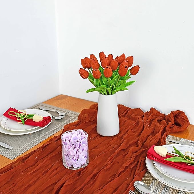Mandy's Artificial Tulips 20 Stems Dark Orange PU Faux Flowers for Thanksgiving and Christmas Decorations Wedding Home Decor 13.5 Inch