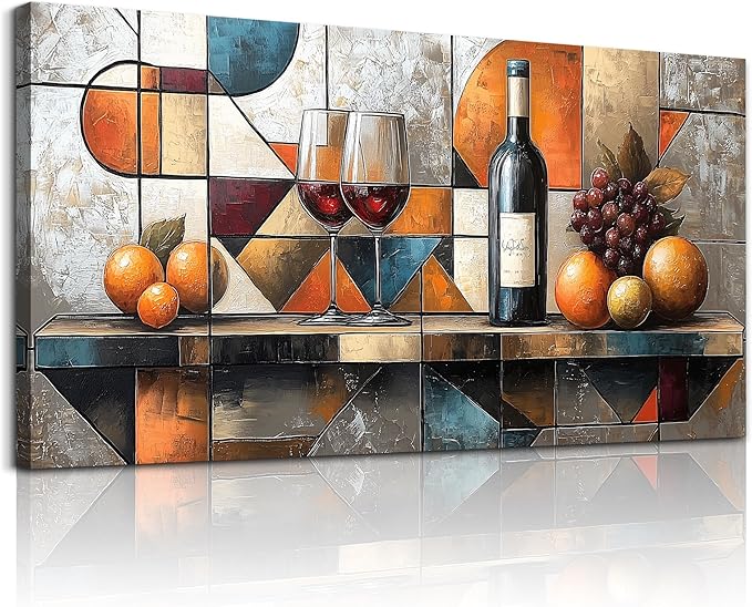hyidecorart Canvas Wall Art For Kitchen Wall Decor For Living Room Dining Room Decorations Wine Glass Fruit Painting Still Life Geometry Abstract Picture Artwork Pub Posters Home Decor 20"x40"