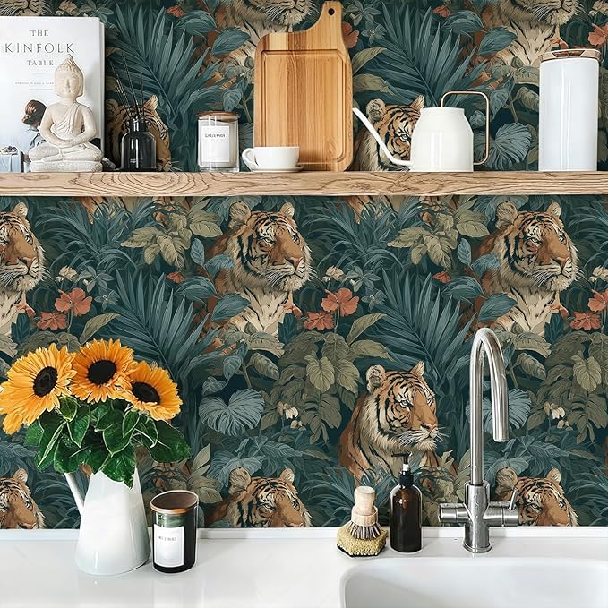 Jungle Peel and Stick Floral Bird Contact Paper Fierce Tiger Removable Botanical Leaf Wallpaper 17.7" x 118.11" Wall Paper Watercolor Self Adhesive for Classroom Bedroom Laundry Room Bathroom