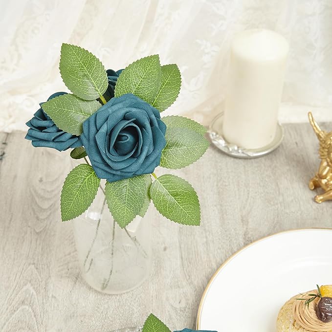 Artificial Flowers, 25pcs Artificial Rose for DIY Wedding Bouquets Centerpieces Arrangements, Dark Teal Fake Rose with Stems for Birthday Bridal Shower Graduation Events Decoration