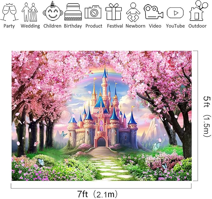 Riyidecor Princess Castle Backdrop Rainbow Pink Sakura Flowers Floral Fantasy Fairy Tale Wonderland 7Wx5H Feet Photography Background Birthday Wedding Party Photo Studio Shoot Polyester Fabric