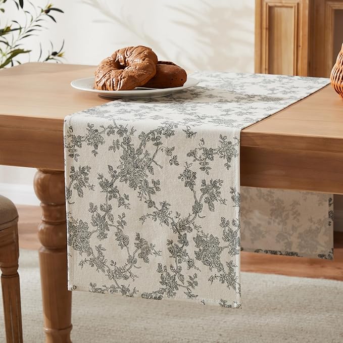 100% Cotton French Pastoral Table Runners, 13x36 Inch Black Farmhouse Table Runners 36 Inches Long, Vintage Flowers Print Home Decors