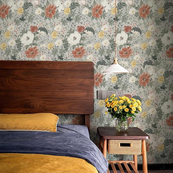 Simon&Siff Vintage Wallpaper Peel and Stick Modern Floral Wall Paper Farmhouse Botanical Contact Paper Removable Renter Friendly Wallpaper for Cabinets Countertop Wall 200" x 17.3"