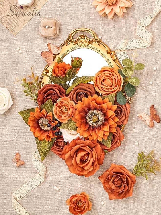 Serwalin Sunflower Artificial Flowers Burnt Orange Fall Flowers Fake Cake Flowers for DIY Wedding Bridal Bouquet Centerpieces Floral Arrangement Fall Decor Baby Shower Home Decor