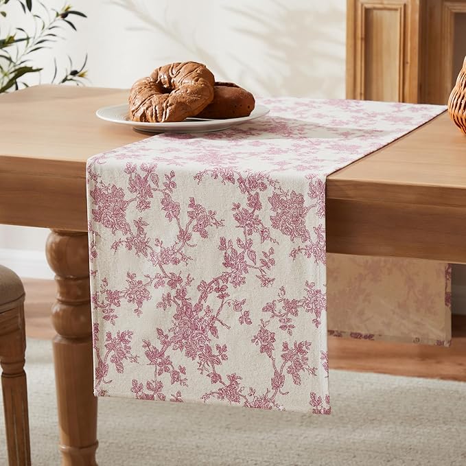 100% Cotton French Pastoral Table Runners, 13x108 Inch Pink Farmhouse Table Runners 108 Inches Long, Vintage Flowers Print Home Decors