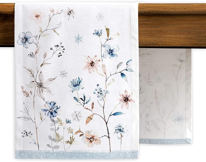 Maison d' Hermine Table Runner 100% Cotton Single Layer Table Runners 60 inches Long for Thanksgiving Christmas Decorations Home Kitchen Dining Party Wedding (Ice Florals, 14.5" x 60")