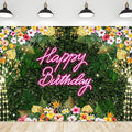 Riyidecor Happy Birthday Backdrop for Women Fabric Floral Green Leaves Pink Neon Girl Summer Hawaii Flower Plant 7Wx5H Feet Lights Botanical Photography Background Birthday Photo Studio Shoot