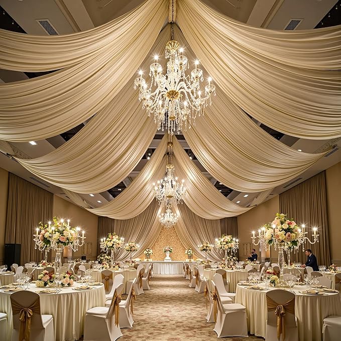PartyVillage 50ft×15ft Beige Backdrop Curtain for Wedding Parties, 10 Panels Wrinkle Free 15 FT Long Polyester Photo Backdrop Drapes Back Drop Cloth for Birthday Photography Background