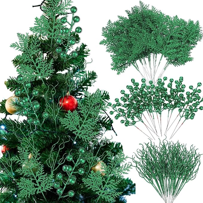 75 Pcs Christmas Glitter Branches 3 Styles Artificial Christmas Picks Berries Stems Pine Needles Floral Twig Spray for Xmas Tree Ornaments DIY Wreath Garland(Green)