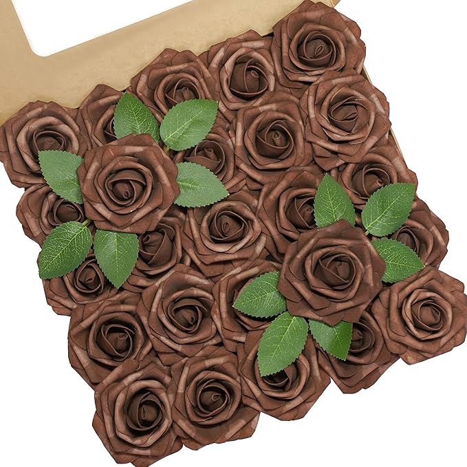Artificial Flowers, 25pcs Artificial Rose for DIY Wedding Bouquets Centerpieces Arrangements, Brown Foam Roses with Stem for Bridal Shower Party Home Decorations