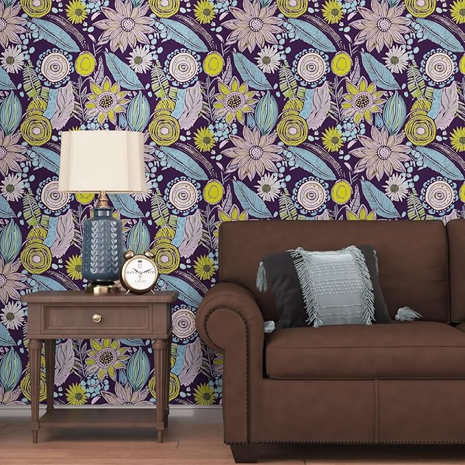 Purple Boho Wallpaper Peel and Stick,Vintage Yellow Floral Contact Paper 17.5" x 393", Botanical Flowers Retro Absract Wall Paper Self Adhesive Removable Waterproof for Walls Shelves Cabinet Table