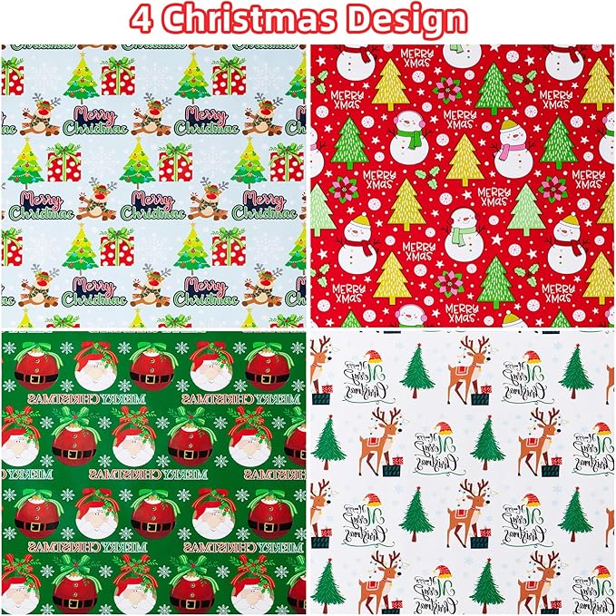 Anvure Christmas Wrapping Papers (4 Rolls: 93 sq. ft total) with Santa Claus, Snowman, Elk, Tree, Xmas Pattern Design, 17 Inch*16.4 Feet per Rolls, Blue/White/Red/Green Holiday Gift Wrap for Presents