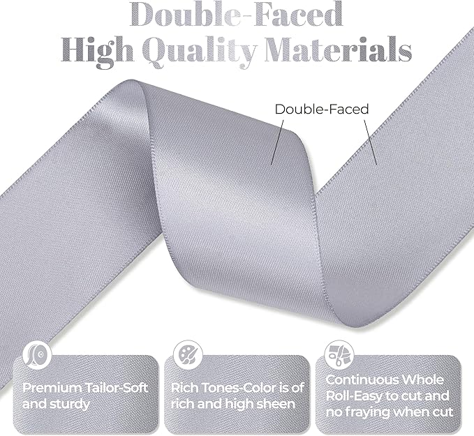 Gray Satin Ribbon, Double Faced 2 Inch X 25 Yards Gray Ribbon, Premium Satin Ribbon for Gift Wrapping, Crafts, Hair Bow Making, Sewing, Flower Bouquet, Wedding Party Decor