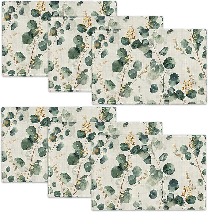 Leaves Placemats Set of 6 Eucalyptus Seasonal Watercolor Plants Table Mats Washable Place Mats for Home Party Indoor Kitchen Dining Table Decoration 12x18 Inch