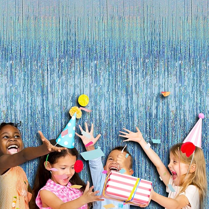 4p Pack Sky Blue Tinsel Foil Fringe Curtain Backdrop, 3.28Ft x 8.2Ft Metallic Streamers for Photo Booth Props Wedding Bridal Shower Bachelorette Birthday Christmas Party Decoration