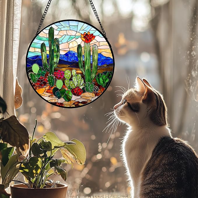 Stained Glass Window Hanging, Green Cactus Suncatcher for Doors Window Home Plant Landscape Sun Catchers Decoration Mother's Day Birthday Gifts for Women, Men, and Mom 11.8 in