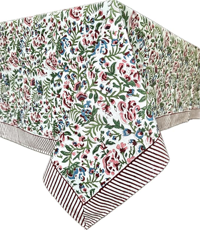 ATOSII Ambrosia 100% Cotton Rectangle Boho Spring Summer Tablecloth, Handblock Floral Table Cloth Linen for Kitchen Dining I Parties Wedding Outdoors Easter I 72 X 120 Inches I 10 Seater
